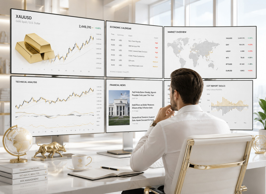 Trader using multiple screens for gold XAU/USD market data analysis and research