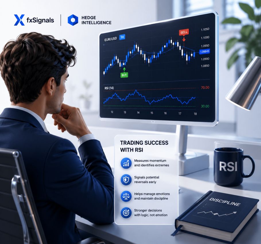 Successful forex trader reviewing RSI strategy signals on dual monitors showing profitable trading results