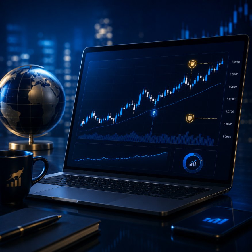 Close-up of forex candlestick chart on trading platform showing signals analysis and entry points