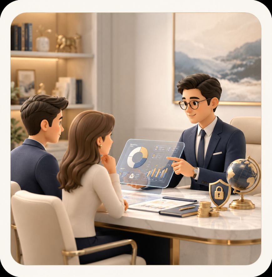 Wealth manager consulting with forex trader clients