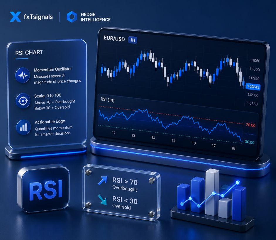 RSI indicator displayed on a live forex trading chart with momentum signals highlighted