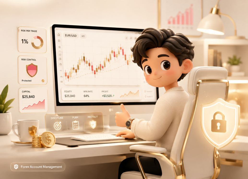 What is forex account management — trader reviewing structured decision framework on screen