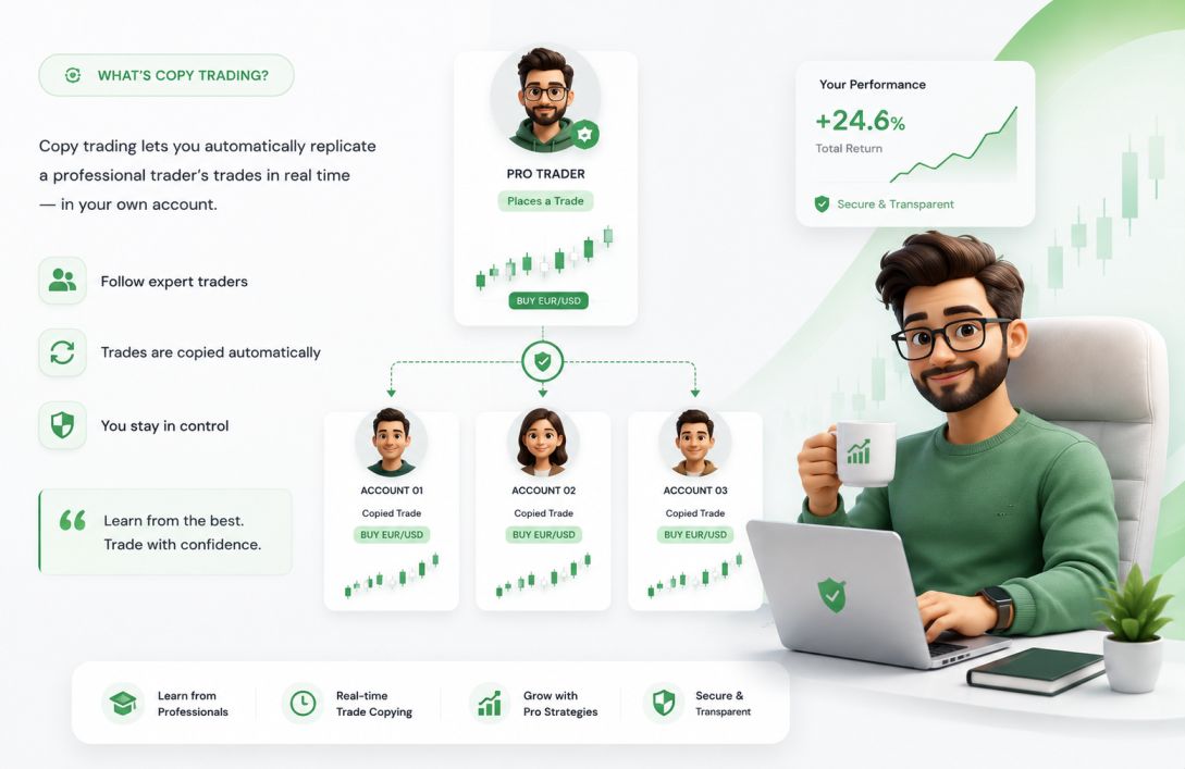 Professional forex trader analyzing charts while copy trading followers automatically mirror trades in real time
