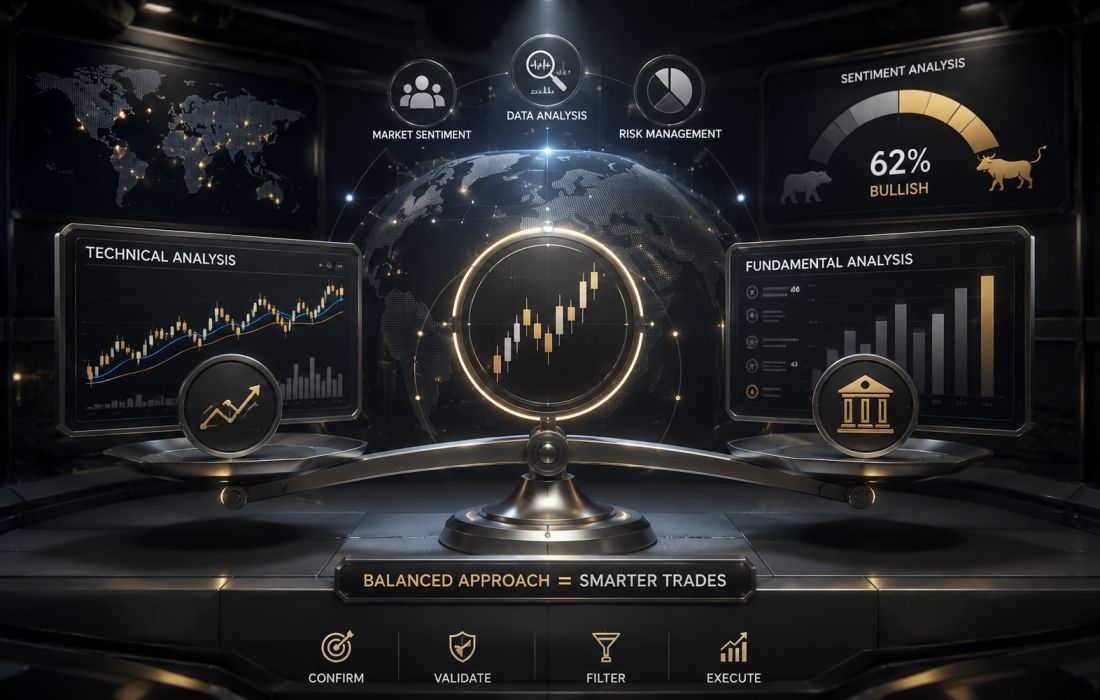 Balanced forex trading approach combining sentiment analysis with technical and fundamental analysis methods