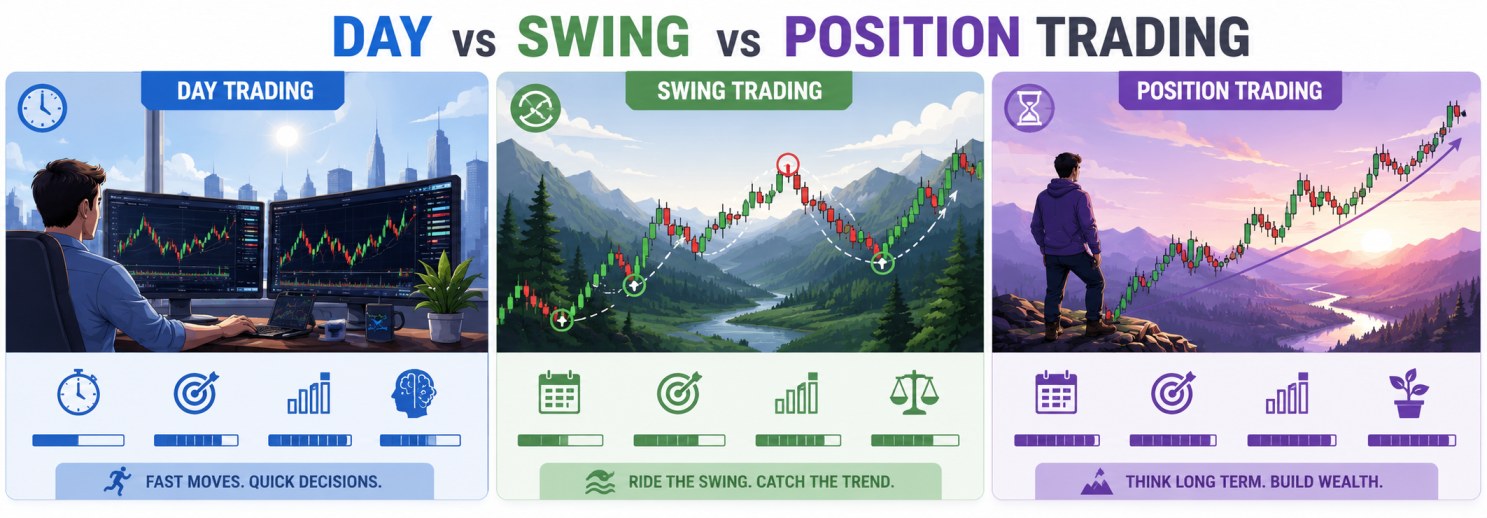 Comparison chart of day trading, swing trading, and position trading timeframes in forex