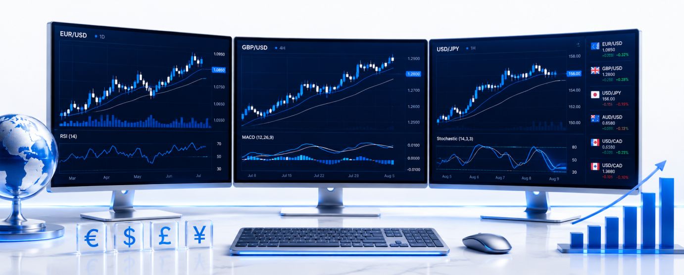Forex trading setup with multiple charts and technical indicators