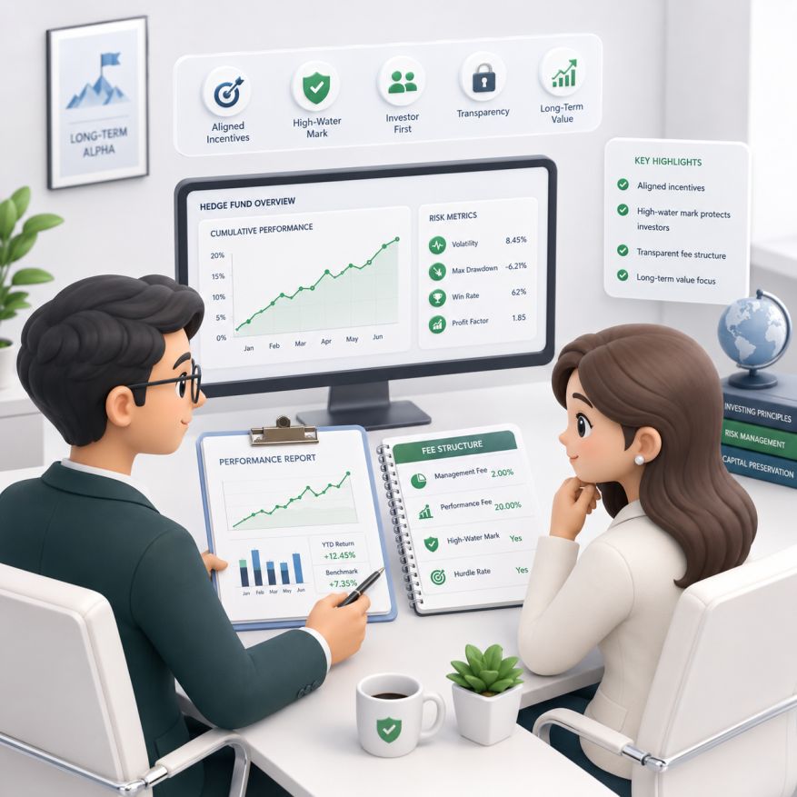 Hedge fund manager and institutional investor reviewing performance reports and fee structure in professional setting