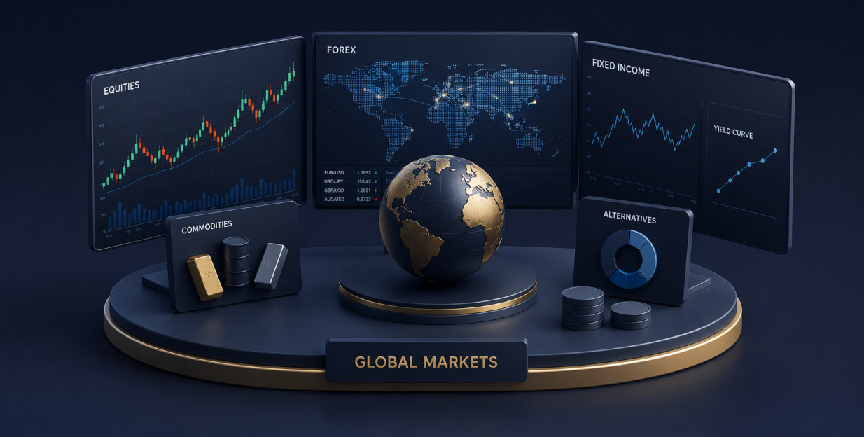 Hedge funds monitoring global financial markets across multiple asset classes simultaneously