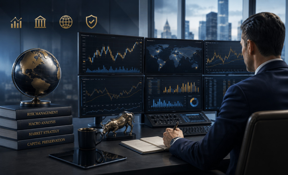 Professional forex trader applying institutional hedge fund strategies — premium multi-screen trading setup