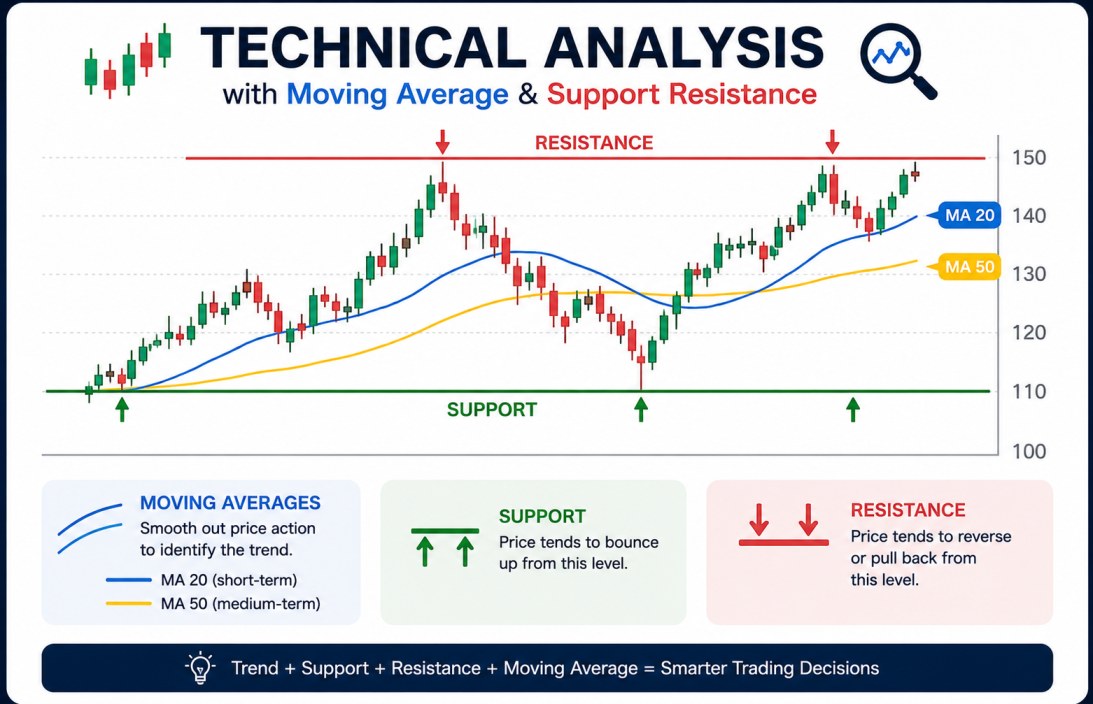 Technical analysis with moving averages and support resistance levels on forex charts
