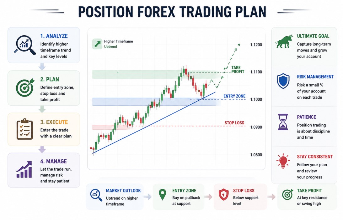 Forex trader building a position trading plan with entry, exit, and risk management rules