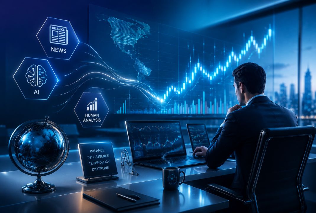 Professional forex trader using both human analysis and AI tools — the smart hybrid approach
