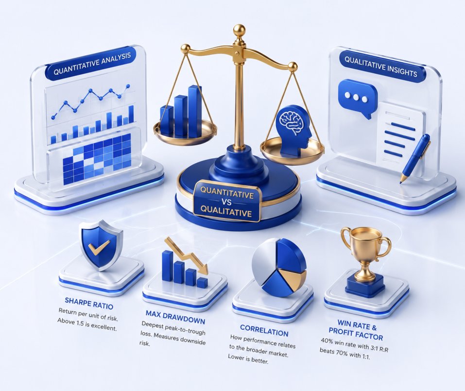 Quantitative hedge fund model with Sharpe ratios and correlation matrices — qualitative vs quantitative analysis comparison
