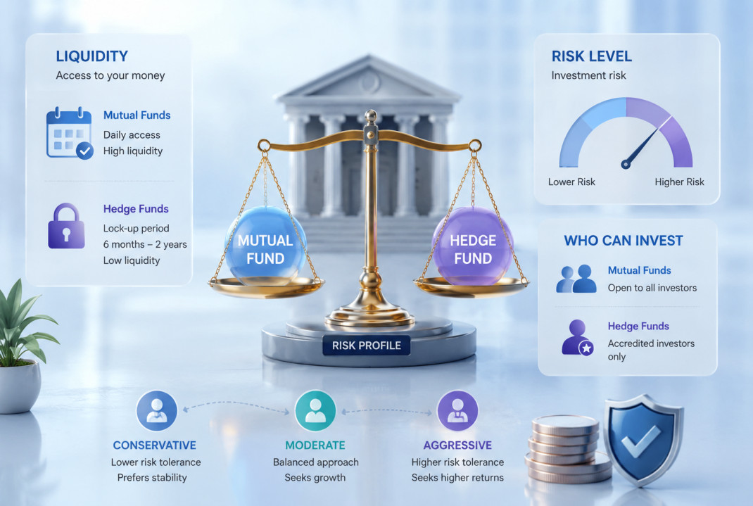 Investment risk levels and liquidity comparison — mutual fund versus hedge fund