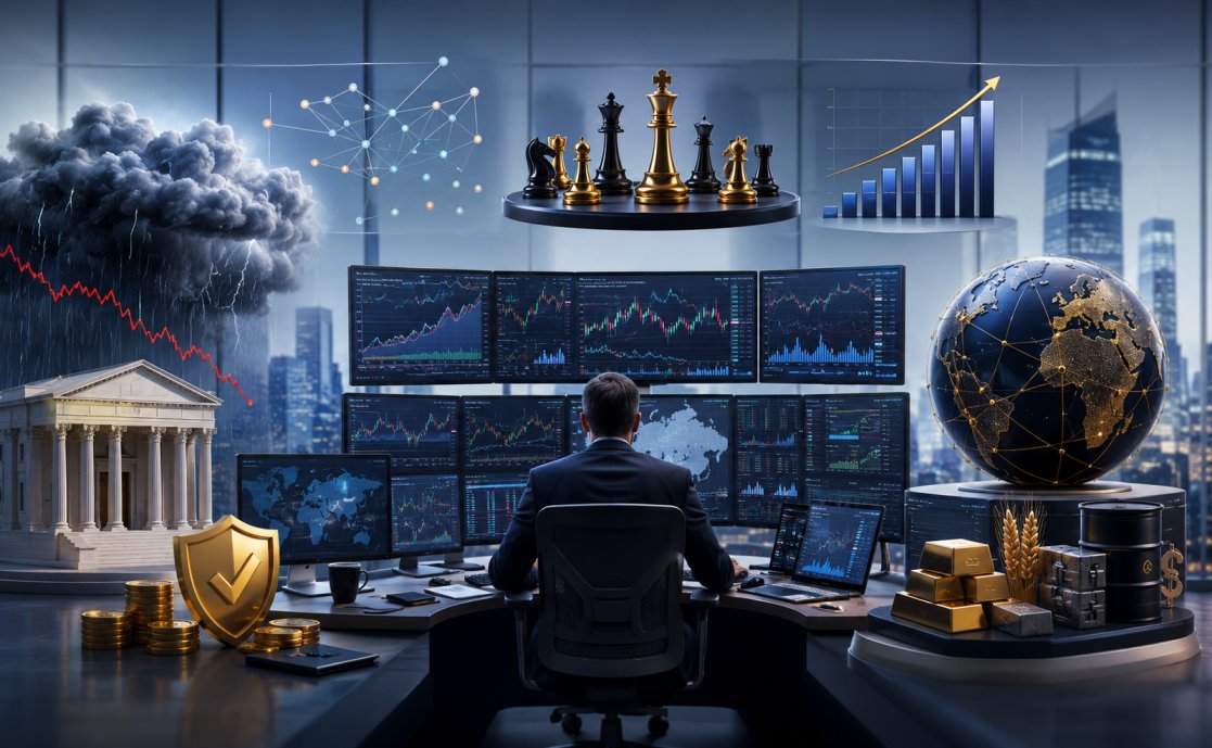 Risk management trading screens — multi-monitor hedge fund operations floor with live market data