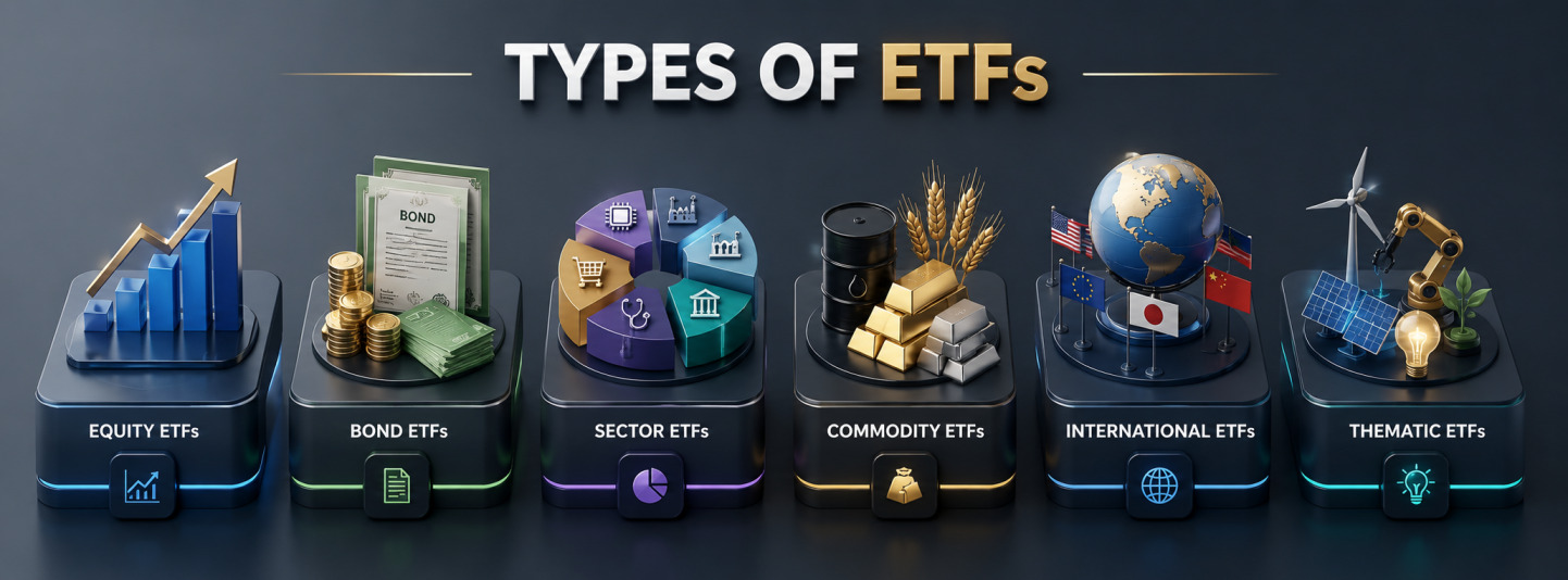 Types of ETFs — equity, bonds, commodity, sector ETF comparison for investors