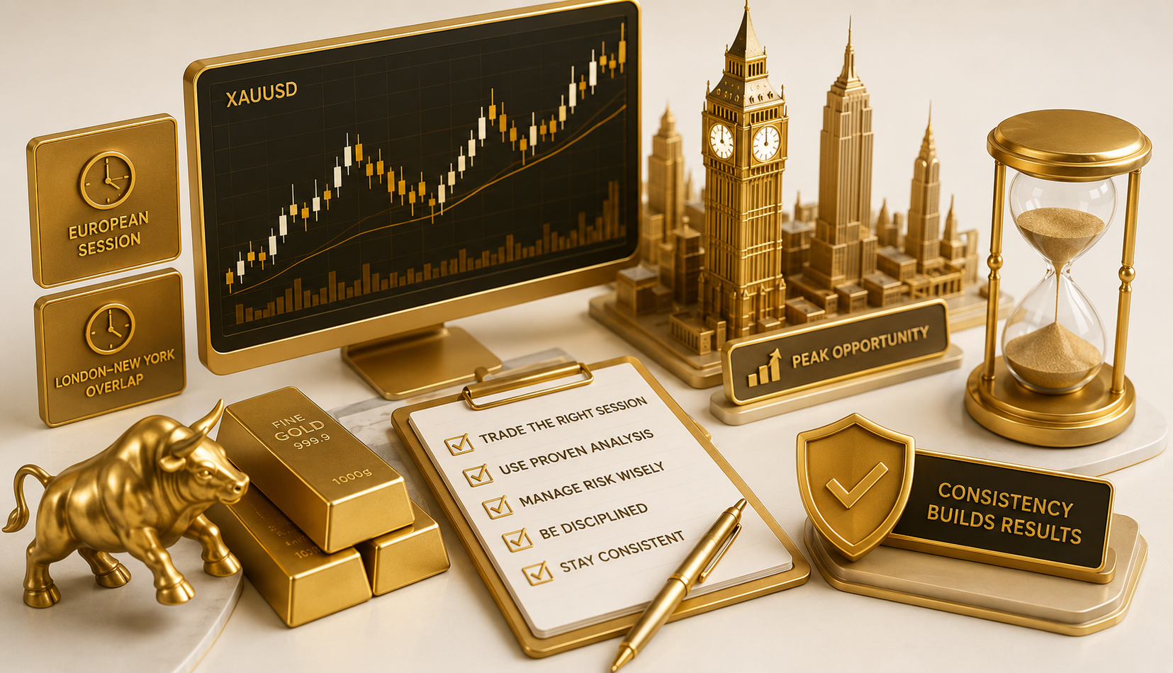 Successful gold trader reviewing profitable XAUUSD chart — consistency and timing strategy